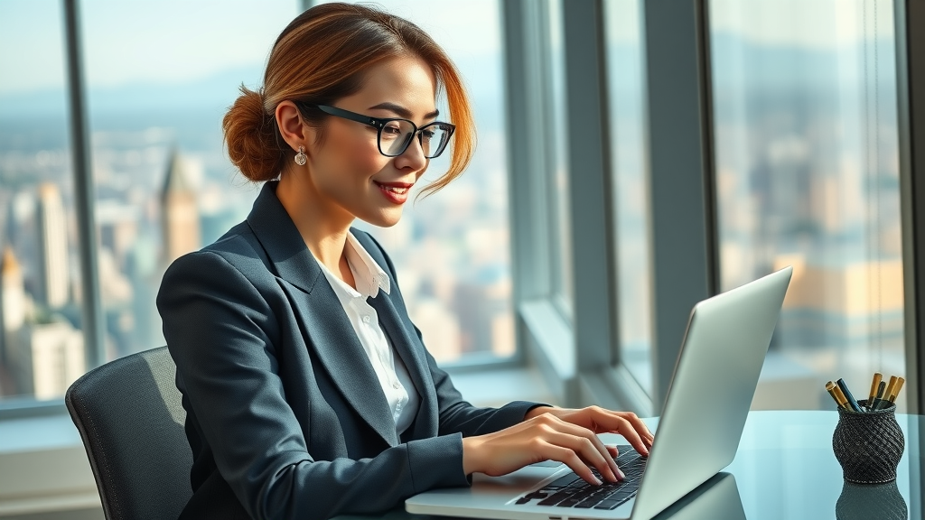 Businesswoman manages tax and estate planning digitally in high-rise office.