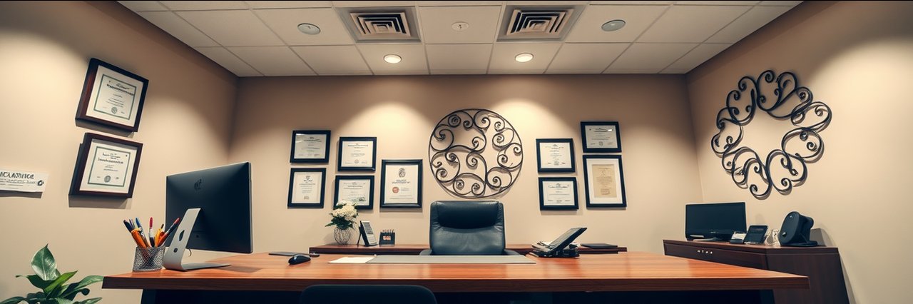 Modern financial planning office with organized desk and certificates on wall
