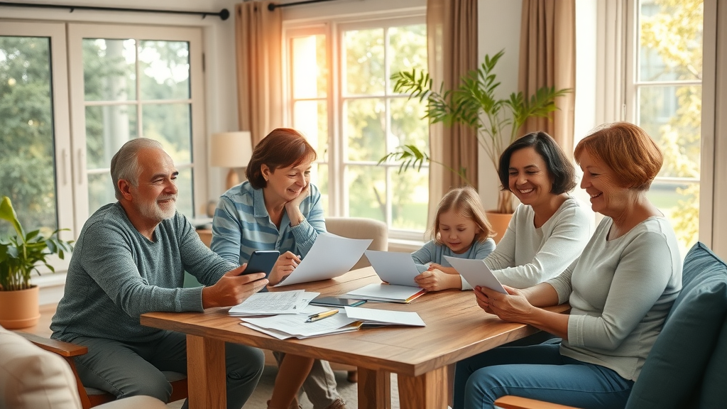 Family working on financial planning together at home in natural light