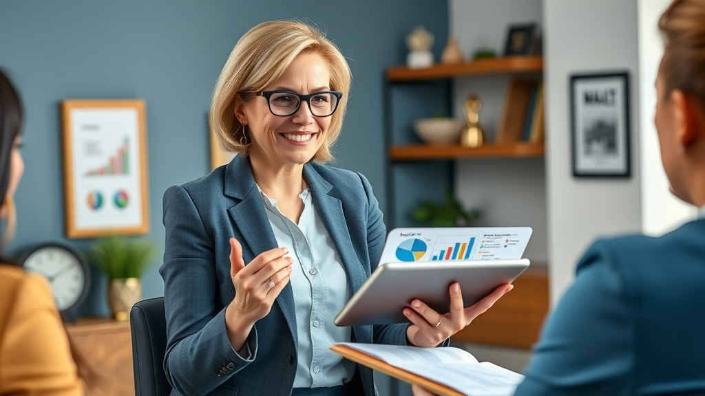 Female financial planner guides clients through financial planning charts