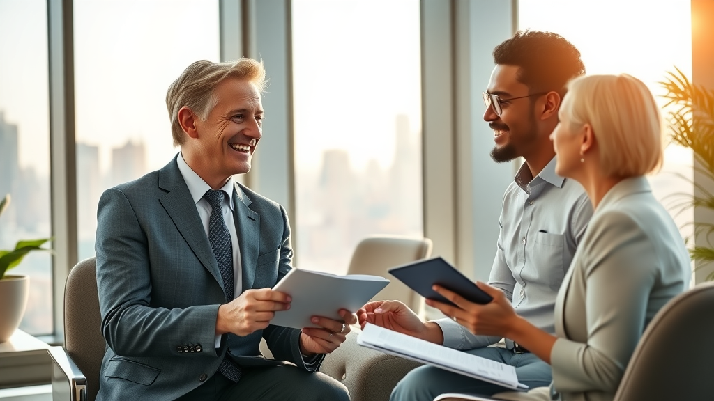 Client-focused wealth consulting advisor meeting diverse clients in modern office
