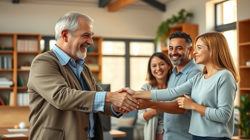 Client-focused wealth advisor building trust with family clients in office