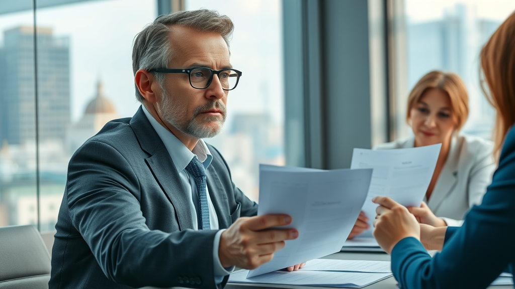 Business owner and advisors working on business transition planning in modern office