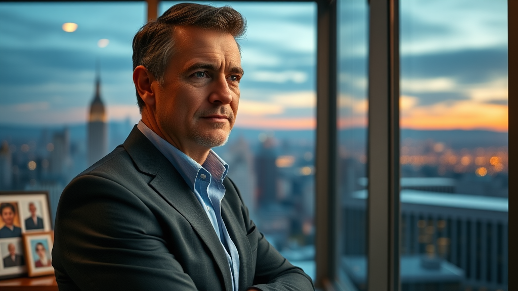 Entrepreneur reflecting on business transition planning in city office at dusk