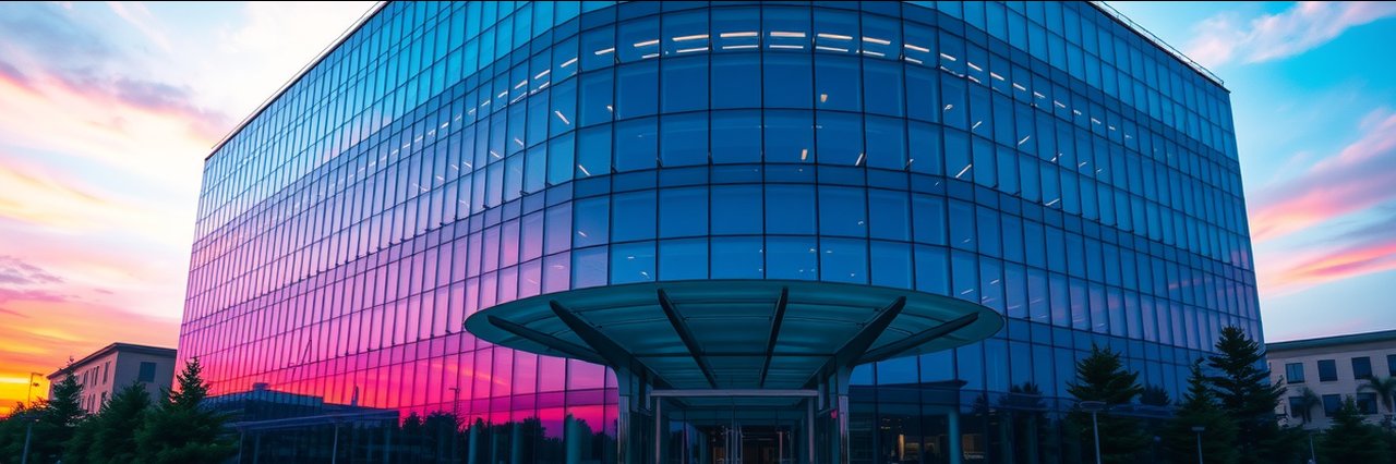 Modern office complex with glass facade reflecting sunset, business owner financials