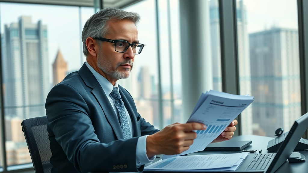 Confident business owner mastering financial statements in a modern office