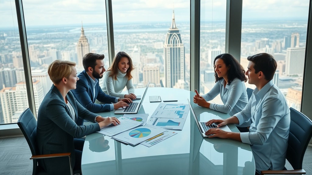 Business advisers collaborate on business owner financials in city office