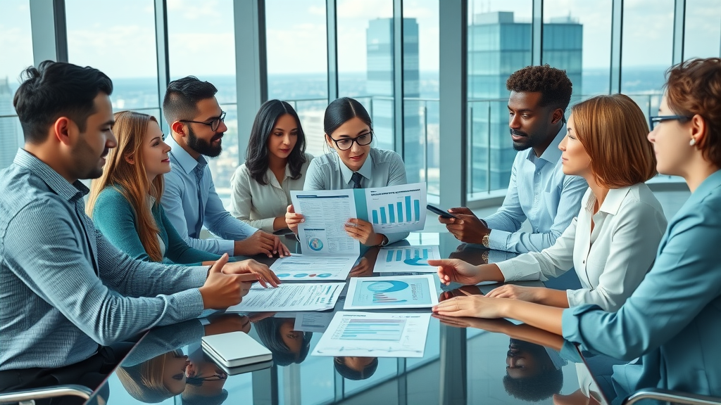 Diverse professionals planning company retirement plans in modern office environment