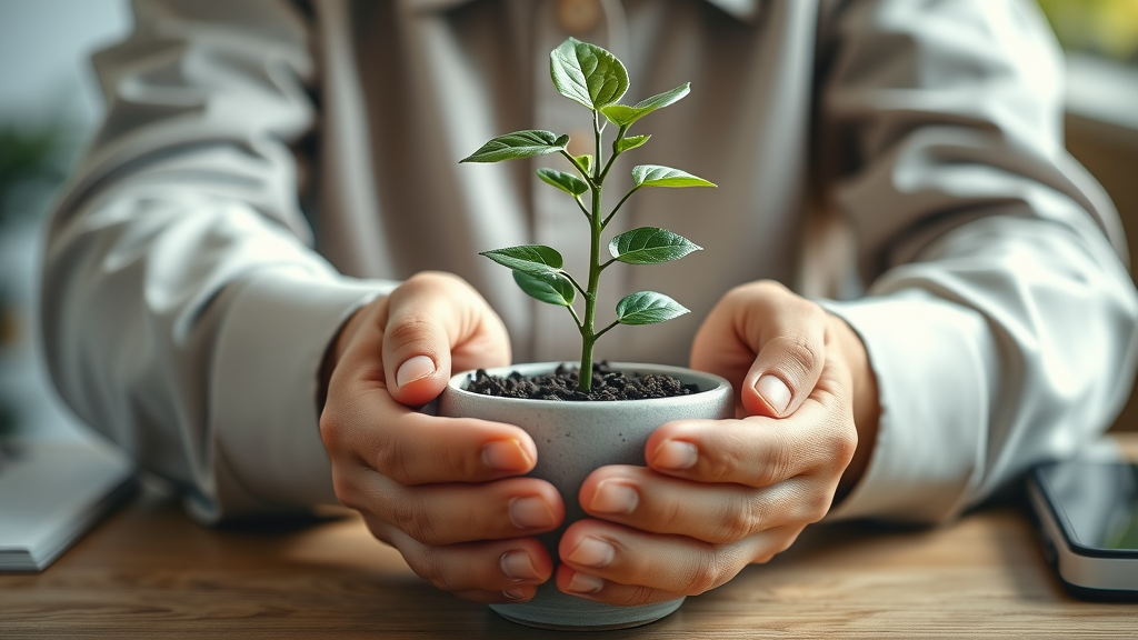 Hands nurturing dollar sign plant representing company retirement plans growth