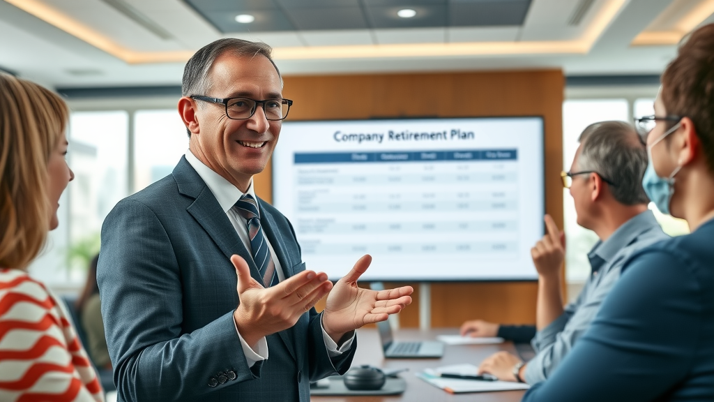 Financial advisor explains company retirement plans to attentive employees