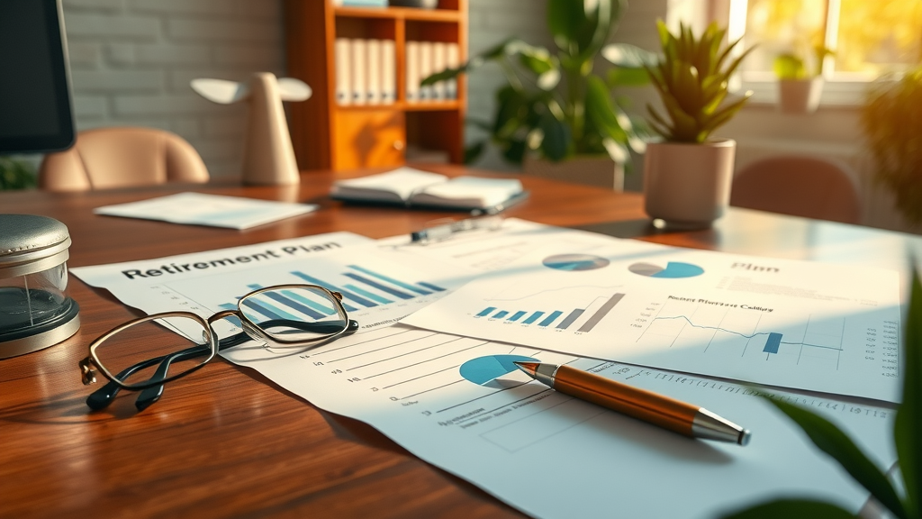Company retirement plan documents and charts organized on sunlit office desk