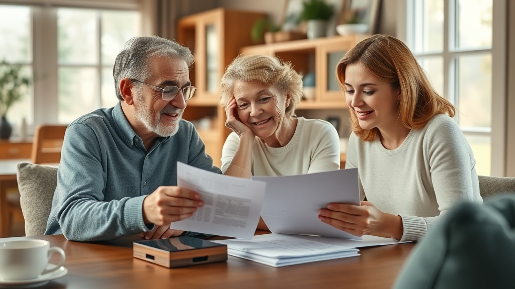 Family discussing retirement planning around table in sunlit home