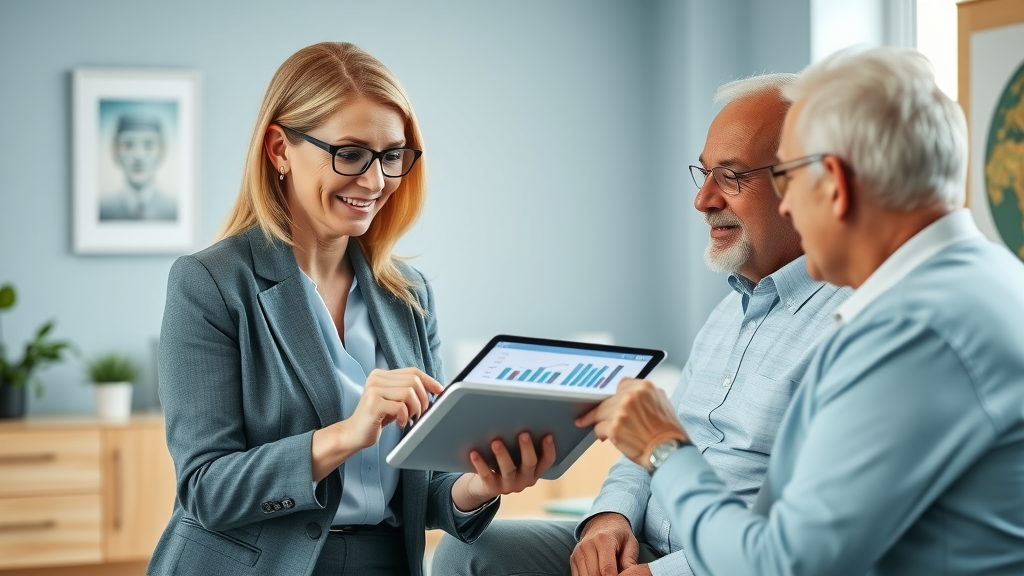 Advisor guiding couple through retirement planning on digital tablet