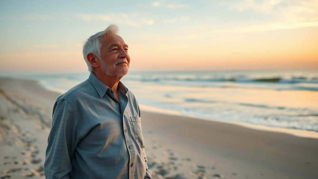 Elderly man strolling at sunrise reflects retirement planning peace