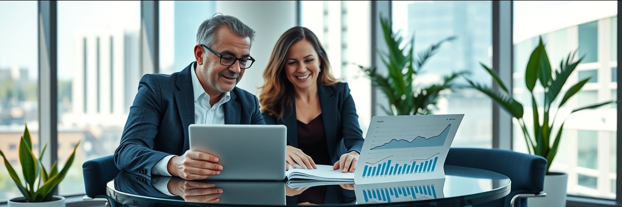 Financial planning meeting with advisor and couple in modern sunlit office
