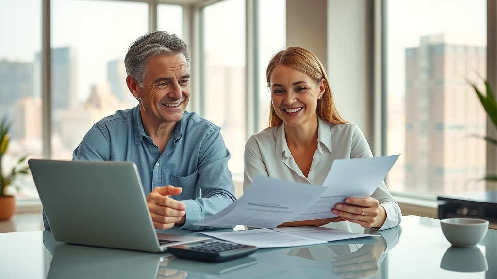 Confident couple mastering financial planning at home office desk
