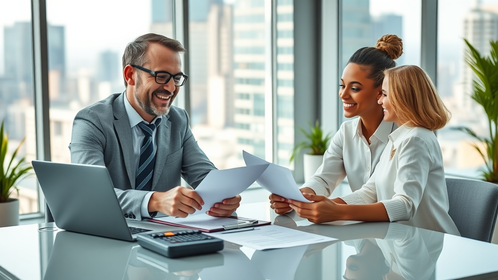 Financial advisor discussing tax planning techniques with smiling clients in office