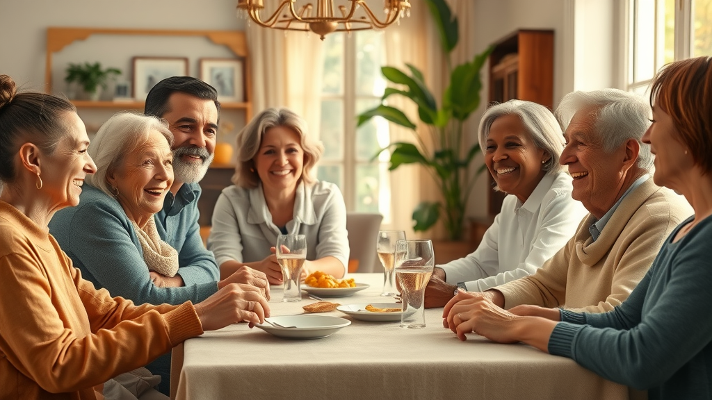 Multi generational family sharing wealth advice in sunlit home, financial planning
