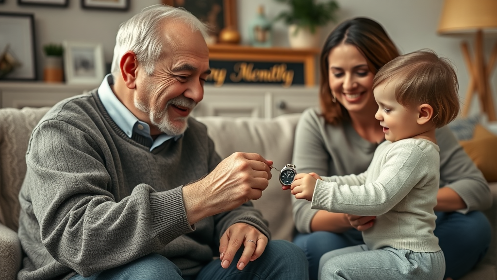 Grandparent passing heirloom to child, symbolizing multi generational wealth values