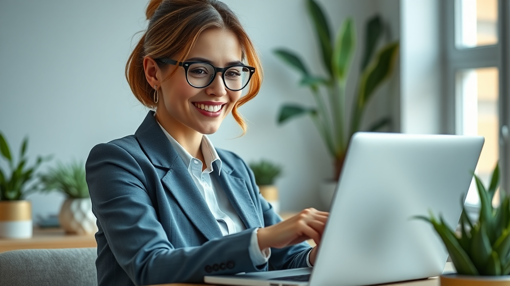 Confident woman managing personalized investment portfolio in home office