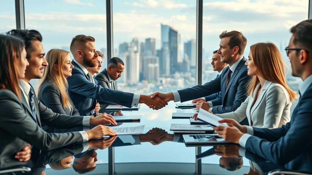 Financial leaders from merging firms shake hands in a boardroom, mergers financial firms