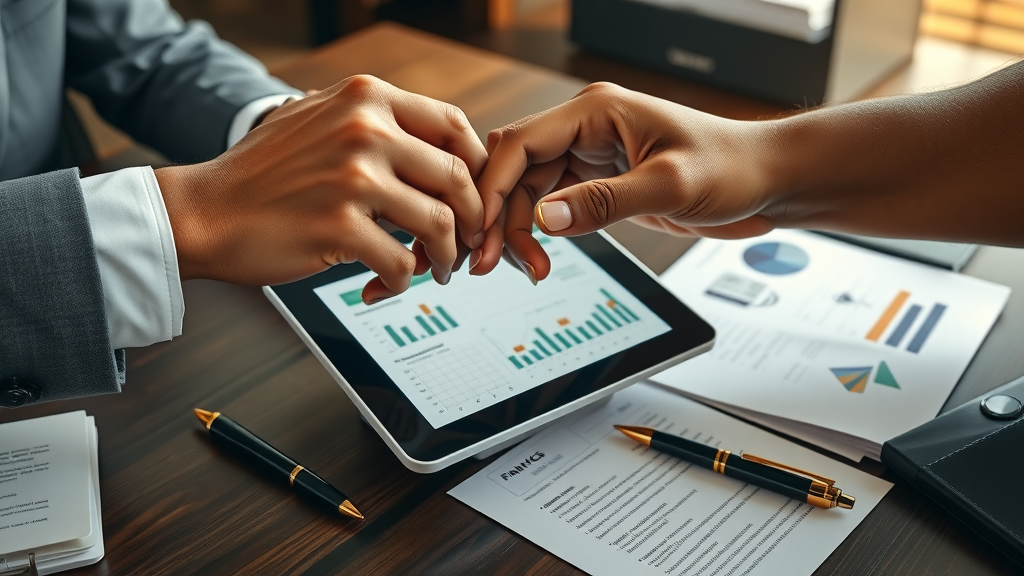 Hands of merging financial firm partners clasping over financial data, mergers financial firms