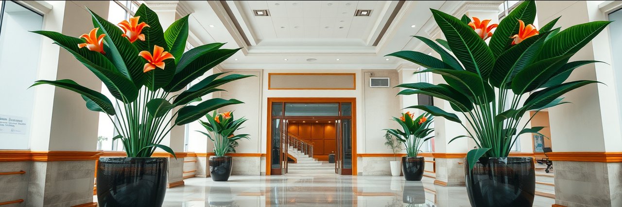 Modern lobby with tropical plants and soft lighting for hourly financial services.