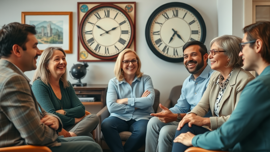 Inclusive hourly financial services consultation with diverse group in modern office.