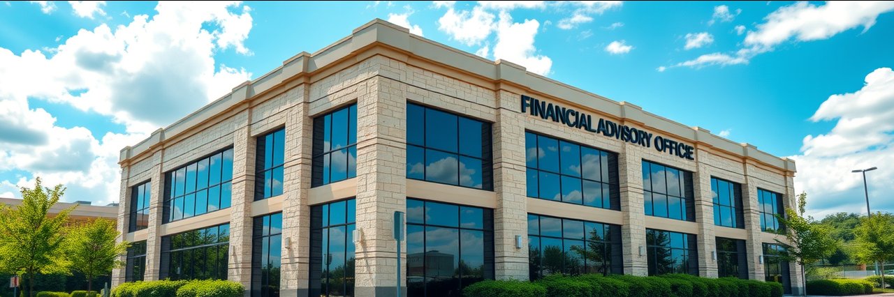 Modern financial advisory office for holistic financial planning under cloudy sky