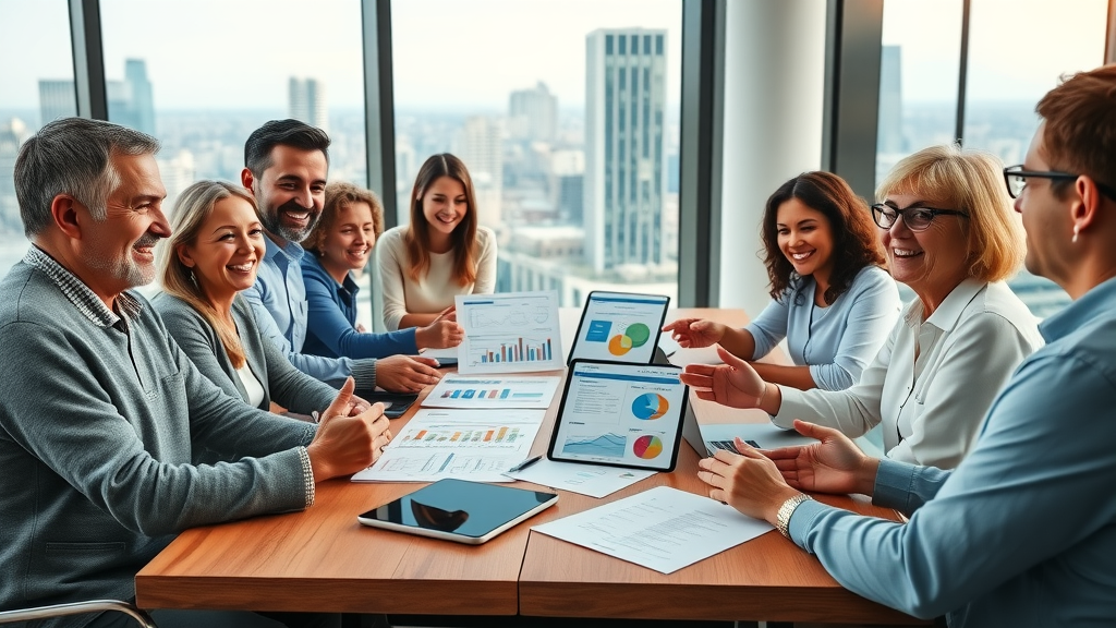 Diverse group discussing holistic financial planning in bright modern office