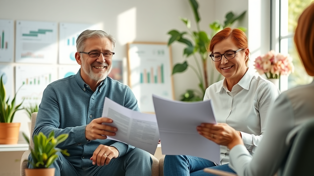 Financial planning meeting with a couple and advisor in a modern office