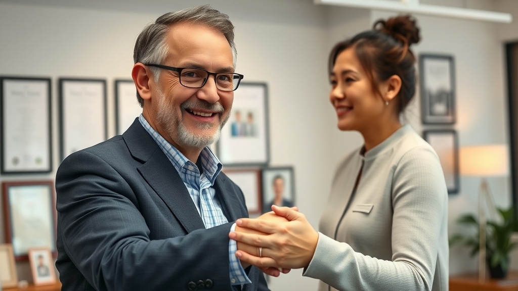 Financial advisor warmly greeting young couple, highlighting trust and planning